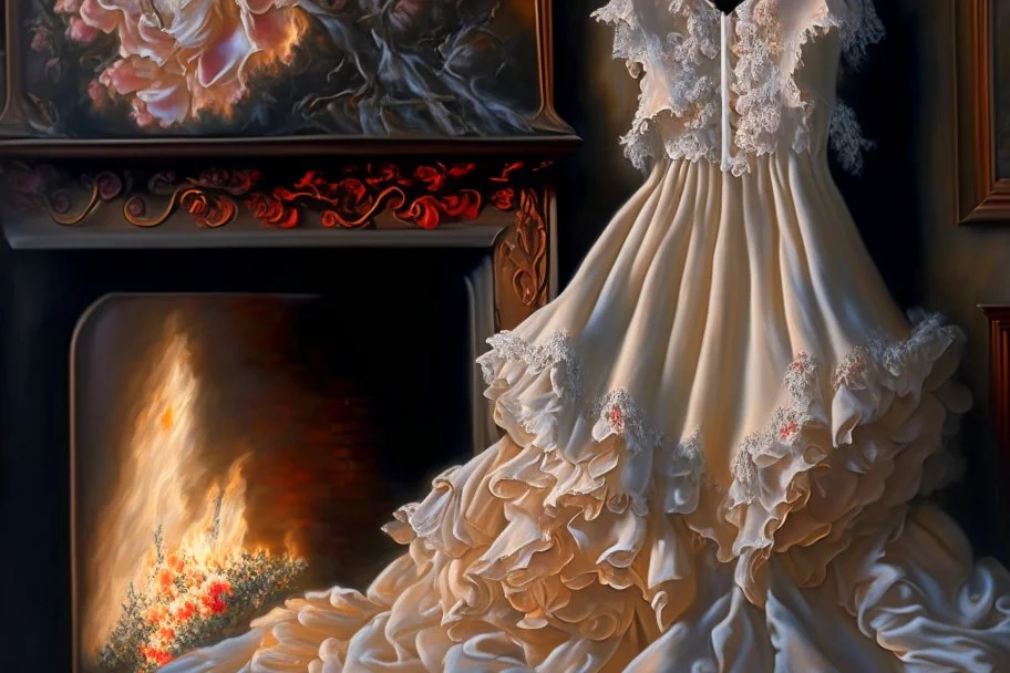 A beautiful romantic ruffled dress, decorated with beautiful embroidered flowers and lace, hanging on a hanger in a bedroom by the fireplace, in the light of the fireplace, Hyper realistic, oil on canvas award winning fantastic view ultra detailed acrylic art Ultra realistic Impressionism Surrealism simen johan, sharp focus intricate oil on canvas cinematic lighting photorealistic high detail ultra detailed crisp quality colourful, ethereal, cinematic postprocessing, bokeh, dof in sunshine