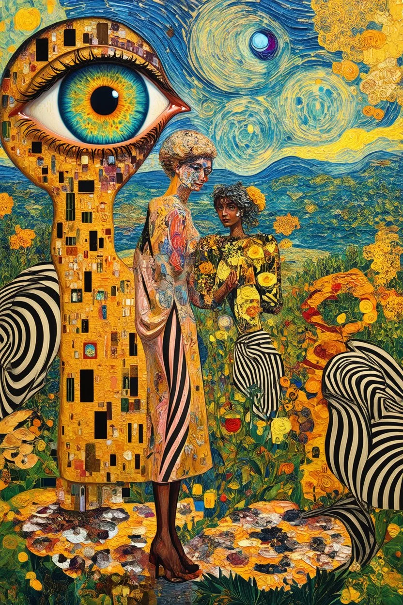 The People of the Eye, Surreal optical art with a Klimt palette against a naturescape inspired by Van Gogh