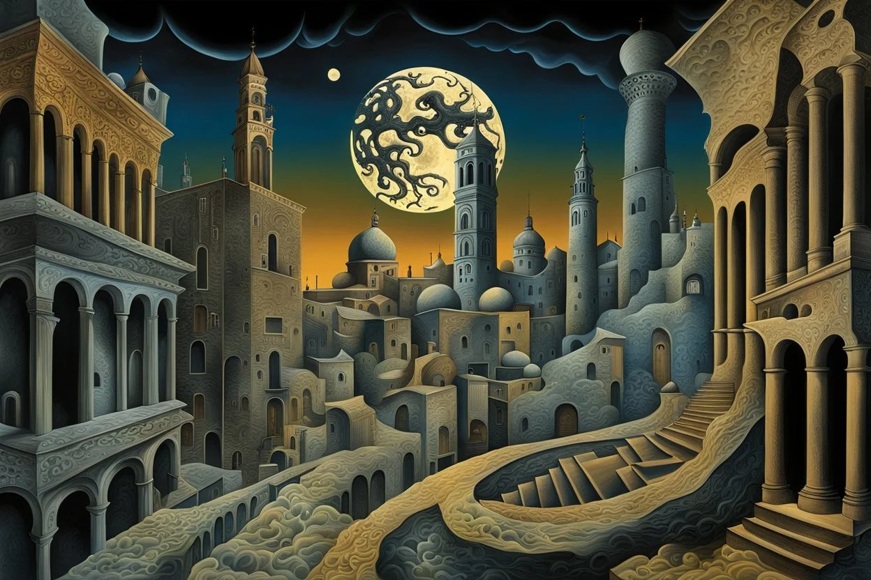 midnight in surreal old city with one big full moon, shadows on walls, strange buildings, sinister by Greg Rutkowski surrealism Salvador Dali matte background melting oil on canvas sinister by Greg Rutkowski surrealism Salvador Dali matte background melting oil on canvas abstract vector fractal, wave-circle function, Zentangle, 3d shading