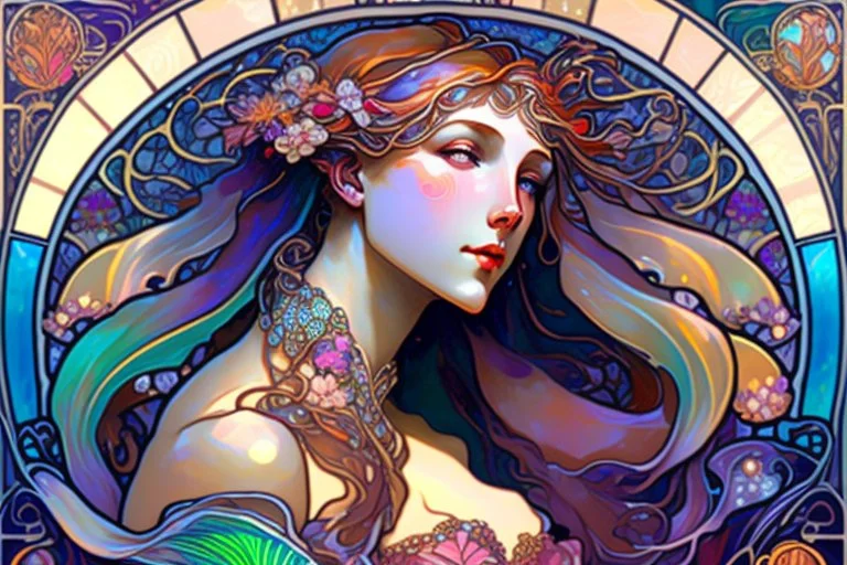 a beautiful mermaid with jewels elegant extremely detailed very attractive beautiful dynamic lighting colourful Alphonse Mucha