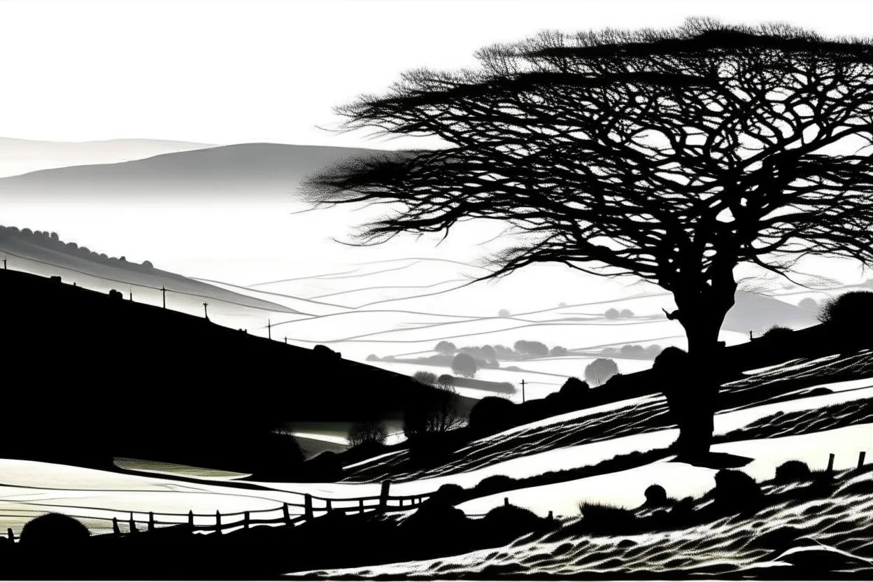 silhouette white background of beatuful scenic picture castleton peakdistrict uk from a distance scenery painting