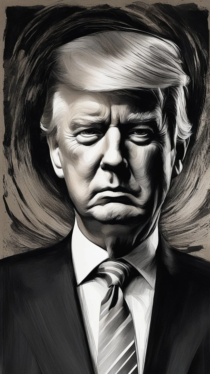 chiaroscuro portrait illustration of trump in the style of threadbare abstract expressionism, ebony , black, and pewter , vintage abstract cut-and-paste, ricoh gr iii, editorial illustrations, fine lines, highly detailed hair and facial features