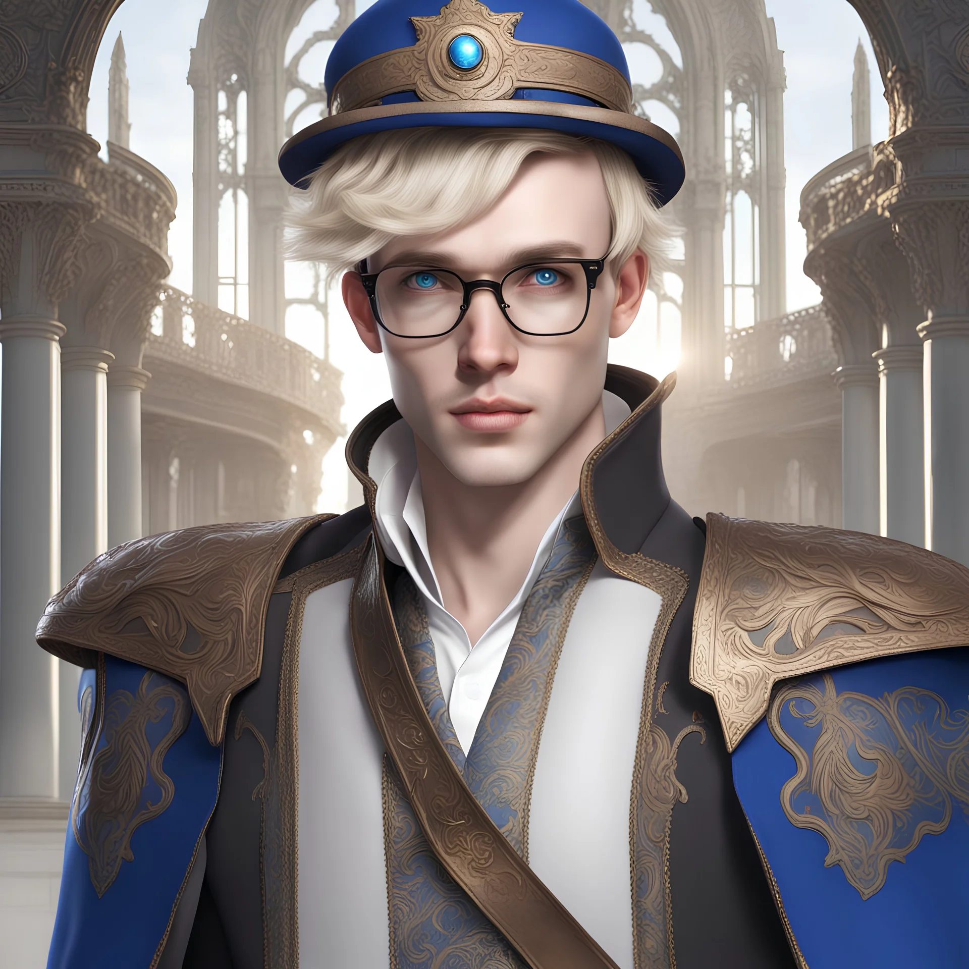 Hyper realistic human male with pale skin and wearing fantasy noble clothes, wearing a hat with glasses. with short blonde hair and blue eyes,