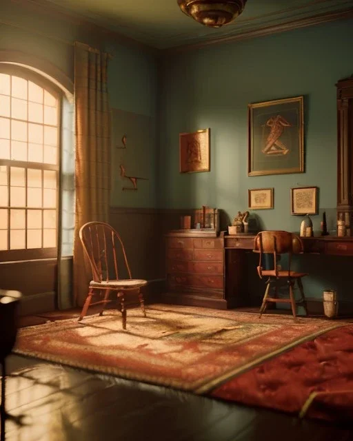 Room scene, Wes Anderson style, alligator, concept art, smooth, unreal engine 5, god lights, ray tracing, RTX, lumen lighting, ultra detail, volumetric lighting, 3d.