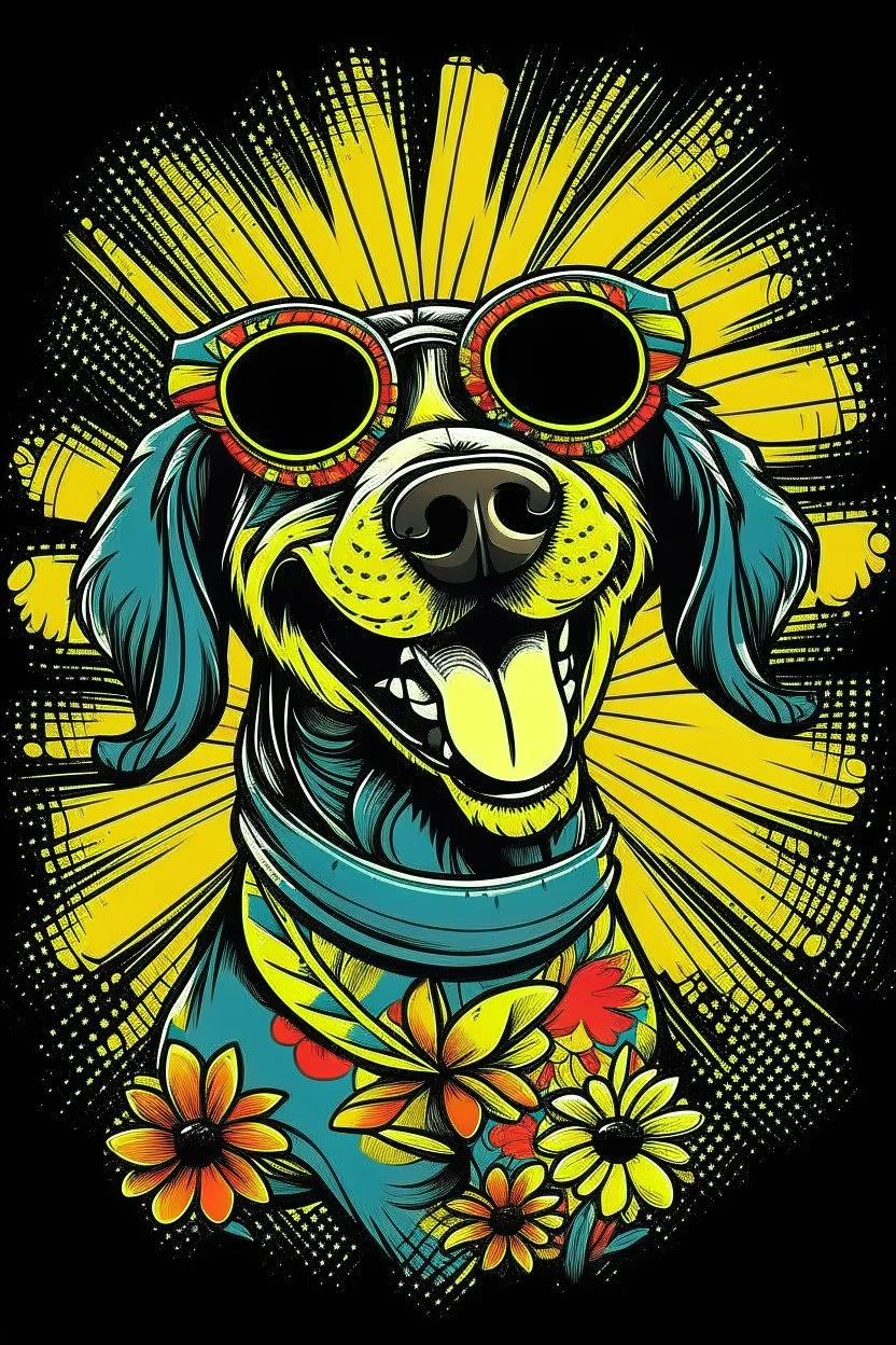 A groovy DOG with a wide, toothy grin, rocking sunglasses and a flowered shirt. Style: Pop Art, Mood: Fun and Funky, Lighting: Bright sunlight, T-shirt design graphic, vector, contour, white background.