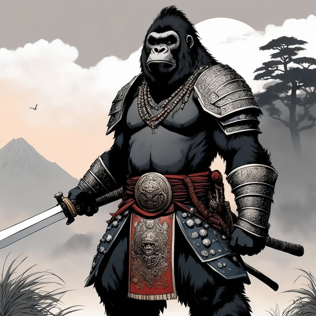 [art by Dorohedoro] a gorilla female with dreadlocks, clad in intricate samurai armor, stood poised on high guard, her keen eyes scanning the horizon for any sign of danger. In her powerful grip, she wielded a gleaming katana, its blade reflecting the light with a deadly glint.