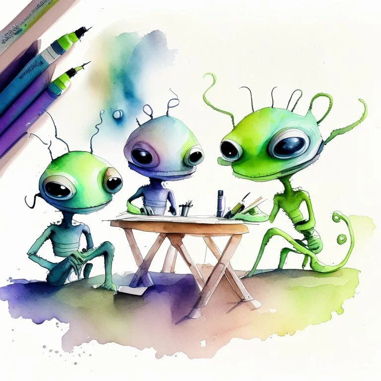 create some aliens doing daily task work, watercolour painting