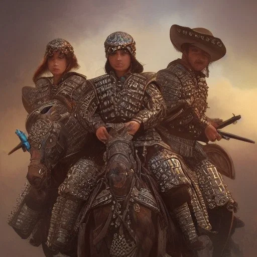 portrait,"Insanely detailed photograph of an armored gang of mariachi warriors", intricate chainmail charo, large colorful Sombrero,elegant cape, highly detailed D20, digital painting, artstation, concept art, smooth, sharp focus, illustration, art by artgerm and greg rutkowski and alphonse mucha, 8 k