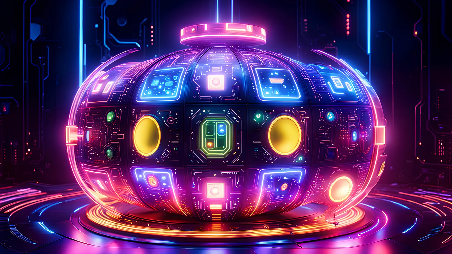 A technologically advanced quantum Pac-Man cyborg stands at the center of attention, exuding an aura of thrill and sophistication. In this concept art, a visually striking digital painting captures the device in exquisite detail. The interplay of sleek metallic surfaces and glowing neon accents, intertwined with intricate circuitry and mesmerizing light patterns, lends an air of futuristic elegance. The image showcases the cyborg’s impeccable craftsmanship, evoking a sense of awe