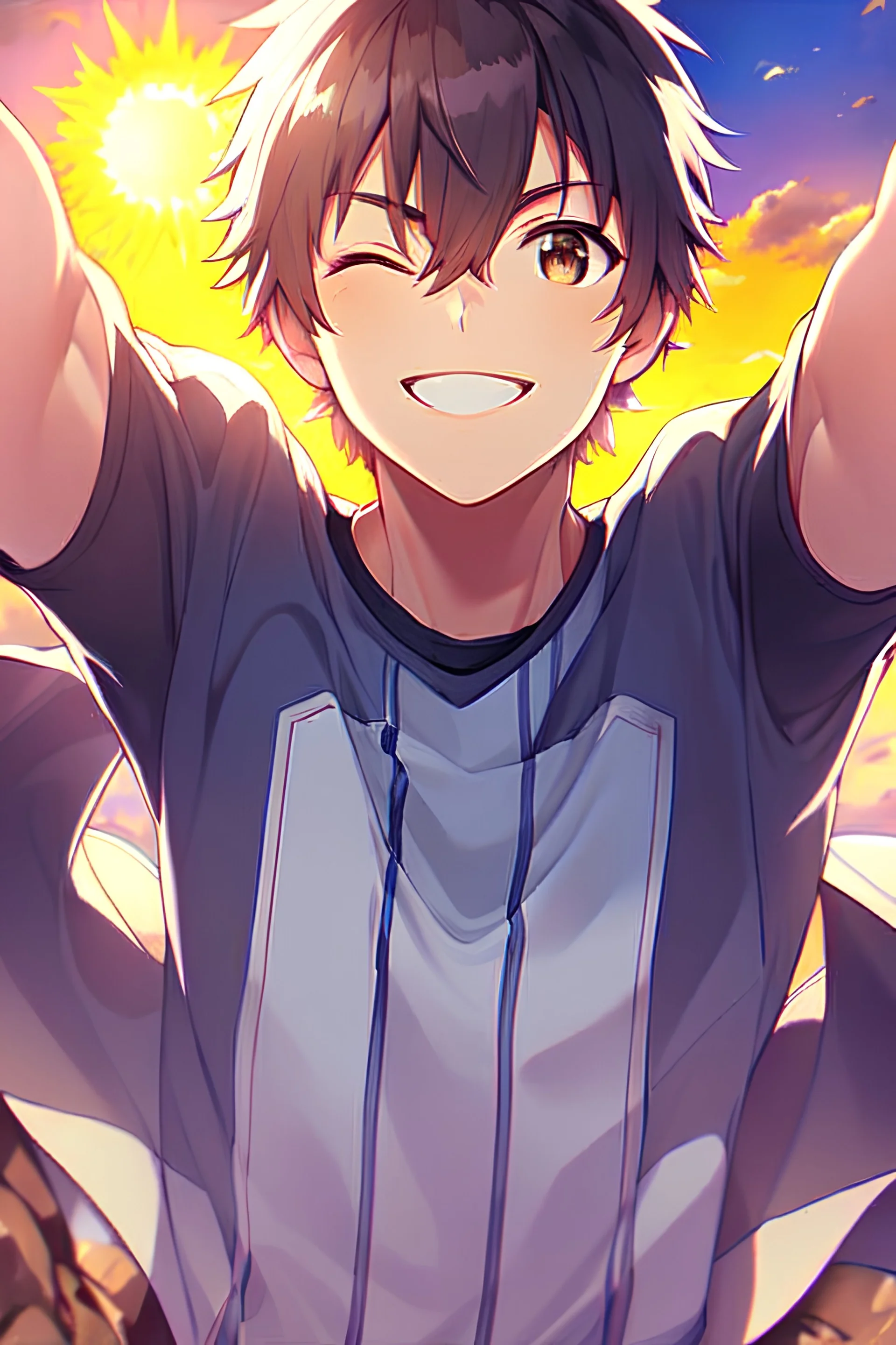 Close up of trendy anime boy standing on edge of cliff, head towards the sky, eyes closed, sun on face, thankful and smiling, arms open in the air