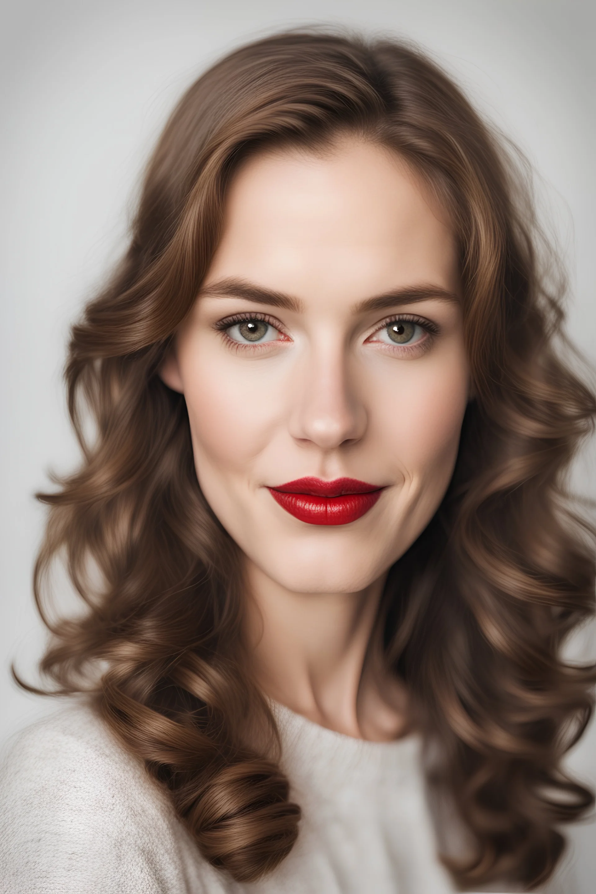 a portrait of a cute swedish girl with brown hair and large brown eyes and big red lips in her 40s