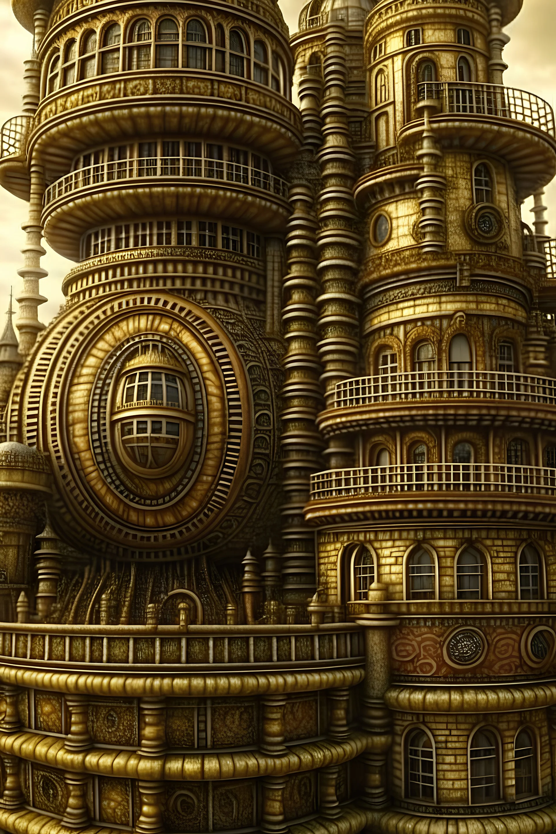 Steam punk extremly detailed textured spirál building citiscapes
