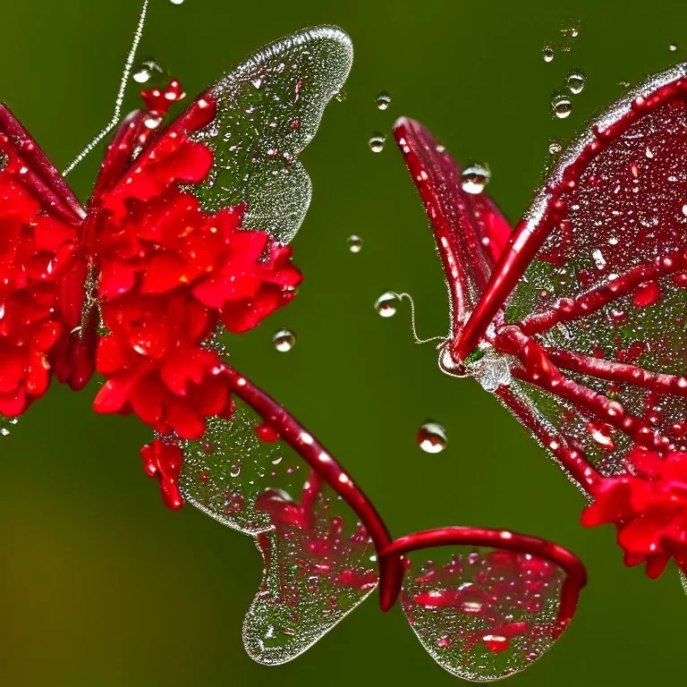  Прозрачная Бабочка из воды и красные стеклянные цветы в жемчужном сиянии капли дождя