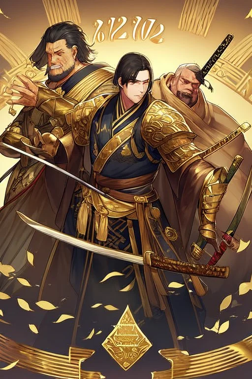 A handsome 30 year old man, black hair, male bob haircut, in black-and-gold plate armor, golden katana in both hands