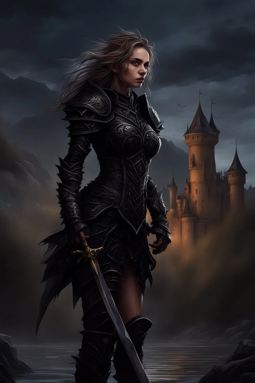 A formidable warrior girl in black armor, on the background Amazing gloomy landscape, flooded with sunset, mountains, trees, fabulous scary hero, , juicy emotions, painting, dark fantasy, gloomy day, dark world, portrait, Gothic Town At Night, Fantasy, Intricate Details, Castle Courtyard Gardens, Hyper Detailed