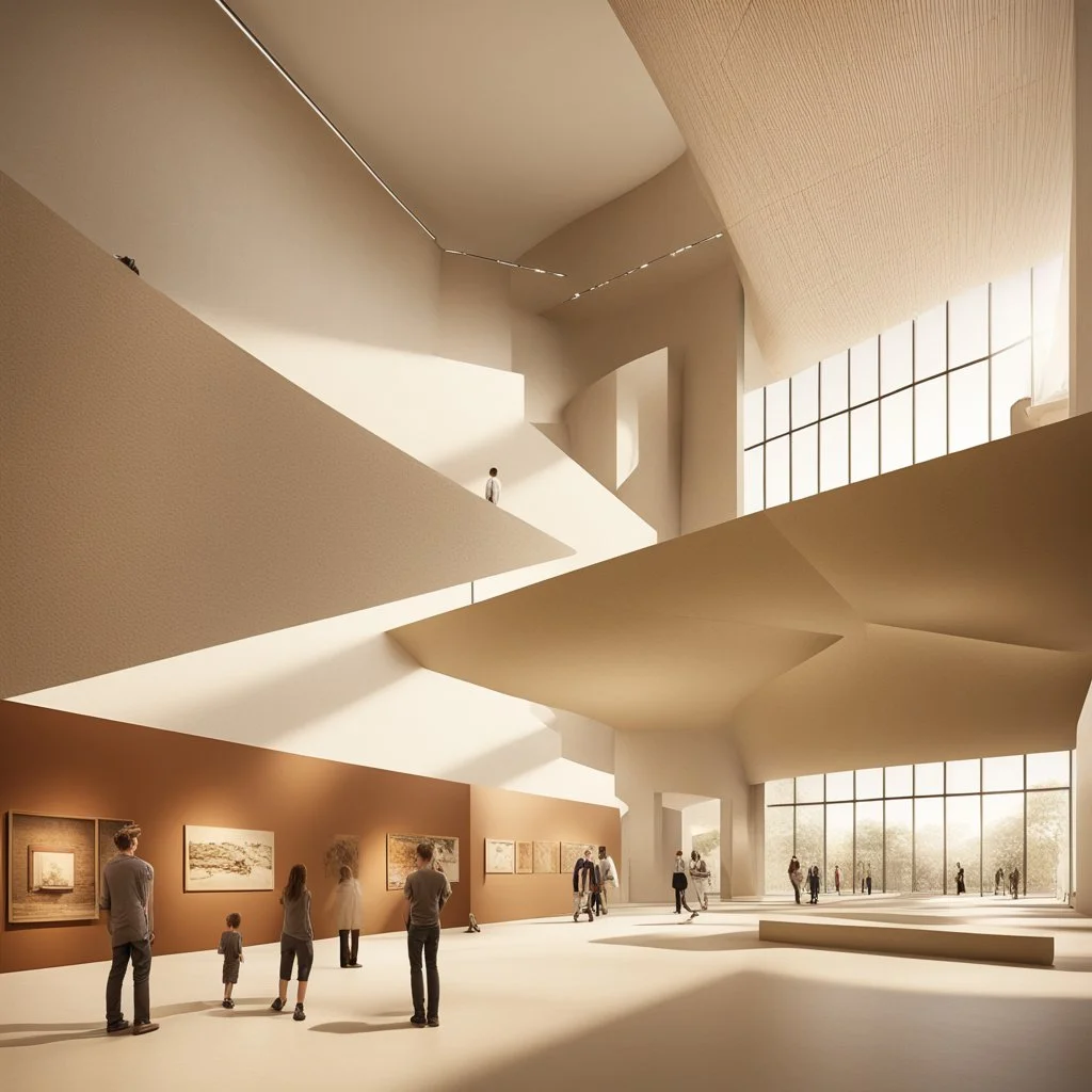 Museum design with “interactive exhibition halls”, natural lighting, modern style, earthy colours