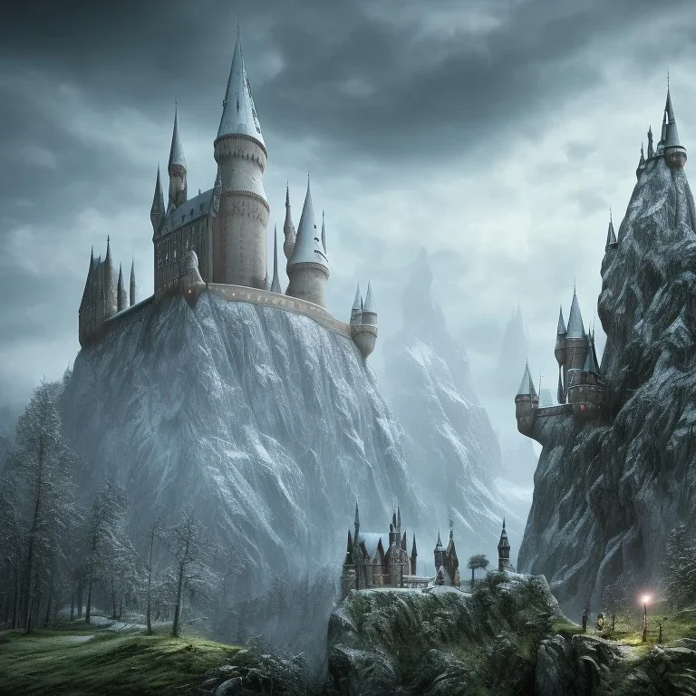 boy alone in the forest and in the background the castle of hogwarts