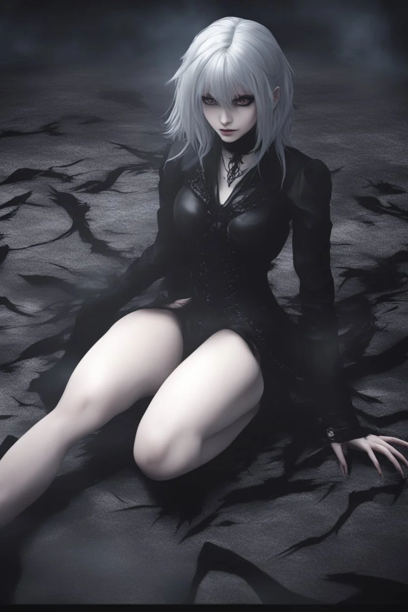 Gothic girl crawling towards the camera, scary moving position. Dark eyes, black clothing and dark make-up. Anime style, Realistic, 8k, chaos background