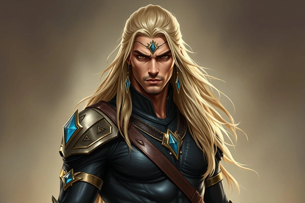 Portrait of a handsome human warrior in a skintight suit with long blond hair and jewels encrusted into his temples