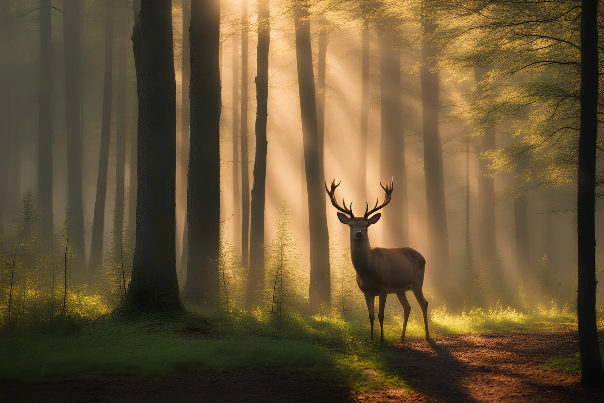 foggy morning in the woods, sun is shining through the trees, rays and shadows of the trees are seen in the fog, springtime with fresh green leafs, male deer is standing between the trees