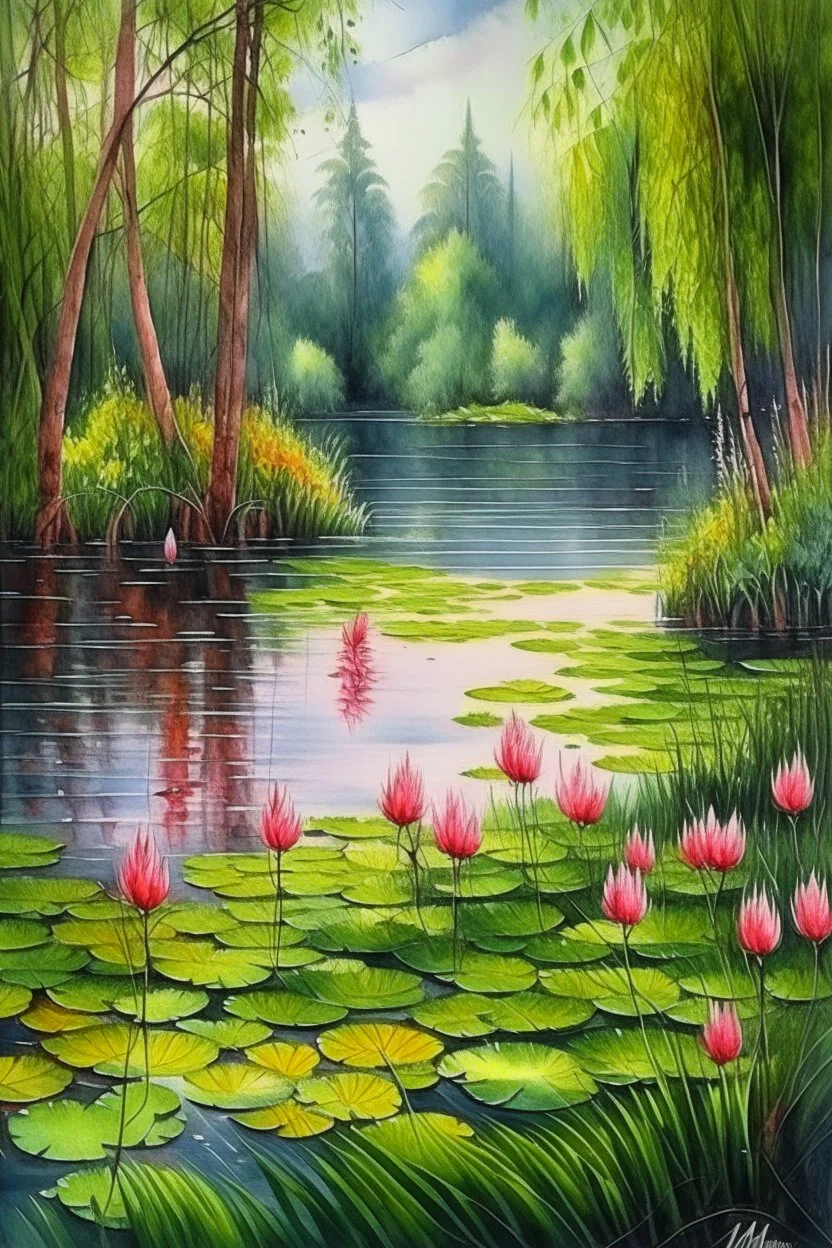 Vintage watercolor on a wet old canvas overgrown lake with weeping willows in the forest, pink water lilies float on the lake, fir trees, flowers, bells, herbs, bushes, vintage, realistic, summer, many details, colored pencil drawing, botanical, realistic, filigree, dark botanical, lumen, glare of the sun on the smooth surface of the lake, hyperrealism, the sun through the foliage, subtle drawing in black ink, in the style of A.Zhado