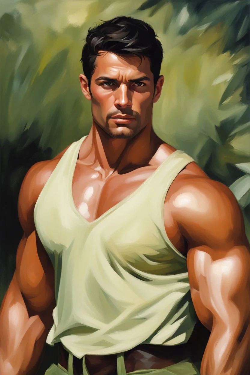 Portrait of an Olive skinned Man, very muscular, very handsome with short dark hair and a neatly trimmed beard, photorealistic