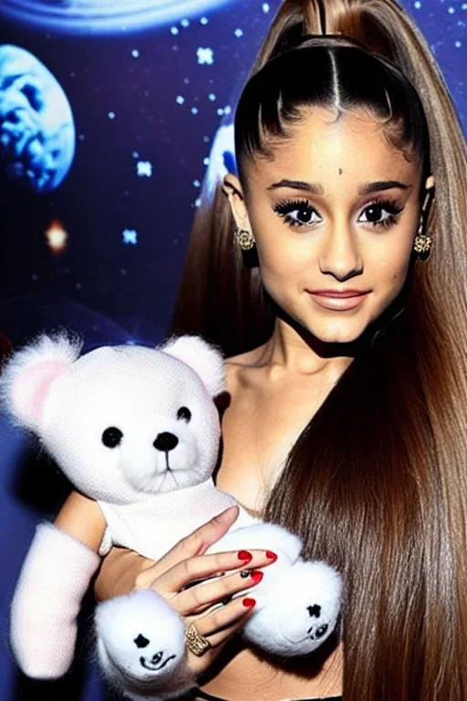 Ariana Grande in space with fluffy teddy bears