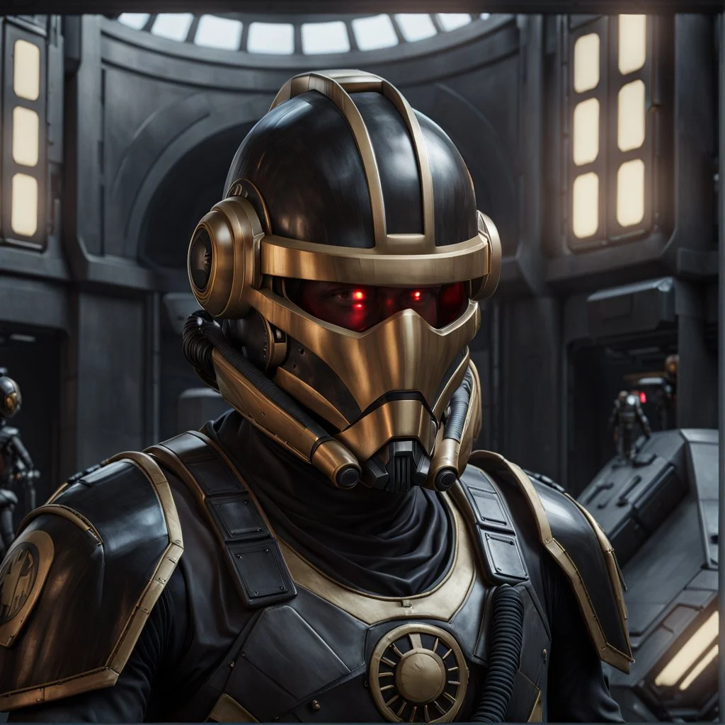 star wars bald male corellian pilot wearing pearlescent black and gunmetal grey First Order special forces heavy assault stealth commando armor and helmet with gold trim inside the jedi temple, hyperdetailed, dynamic lighting, hyperdetailed background, 8k resolution, volumetric lighting, light skin, fully symmetric details