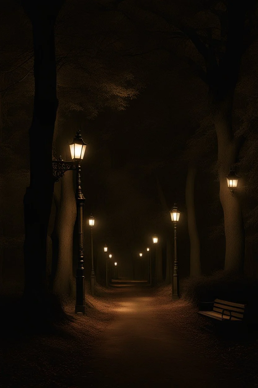 Park at night with lanterns, square bench, and dirt roads, trees, gothic horror films influence, creepy, photography