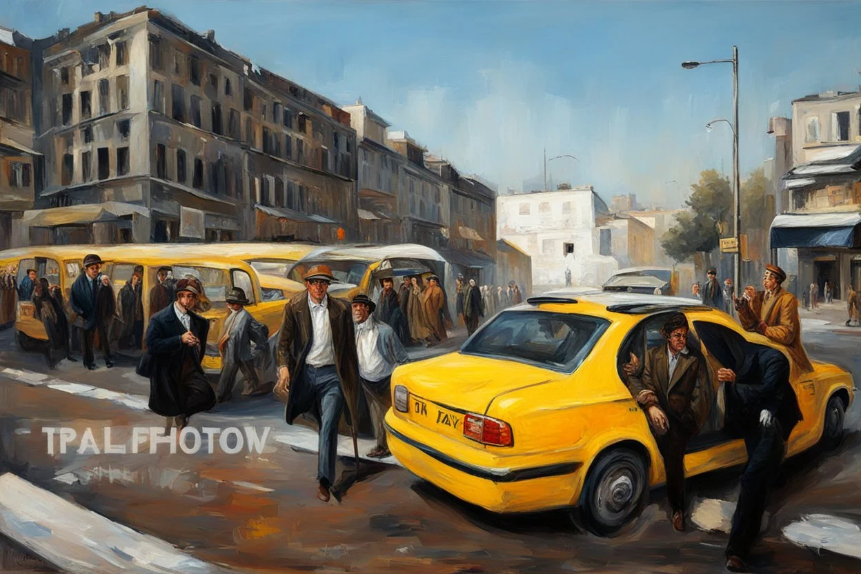 men models in a street in a taxi oil painting