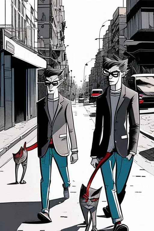 Street, two catmen walking. Graphic novel style Isabel Kreitz