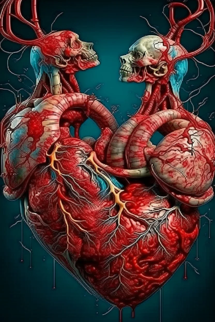 Gore splatter horror, photorealistic fleshy image of 2 bodies, 1 male 1 female, 1 soul, complementary, anatomically fragmented, ripped apart again being flayed, skinned alive. beating love heart. muscles, blood vessels, bowels, entrails. anatomy. physiology. astrology. astronomy. hallucinations. mythology. grotesque.