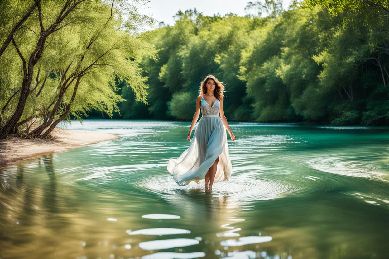 beautiful girl in pretty dress walking in water toward camera in trees next to wavy river with clear water and nice sands in floor.camera capture from her full body front