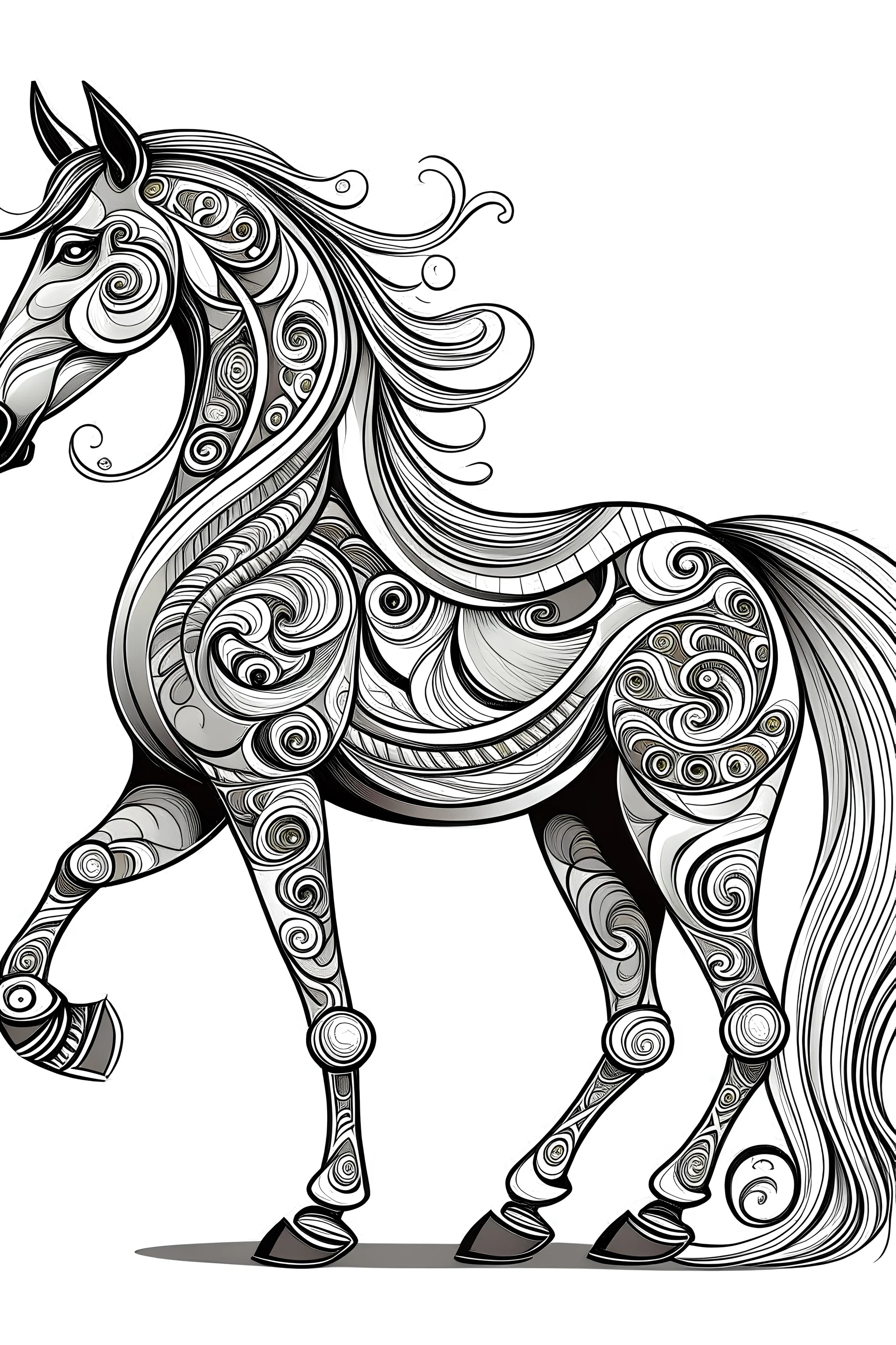 Rebel Horse Scheme: Wild horse character with long tail, round ears and big mouth. He can have large eyes and a strong, agile body. White background drawing Pattern, full body, use only outlines, mandala Style, clean line art, white background, number Shadows are clear and well defined