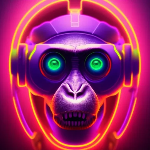 A beautiful portrait of a cyborg monkey purple neon color scheme, high key lighting, volumetric light high details psychedelic background