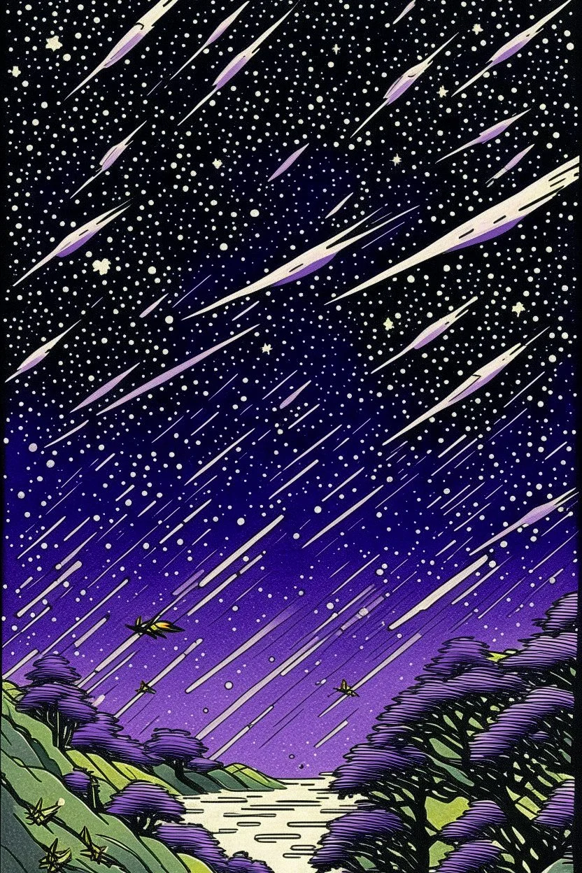 A violet outer space with shooting stars painted by Utagawa Hiroshige