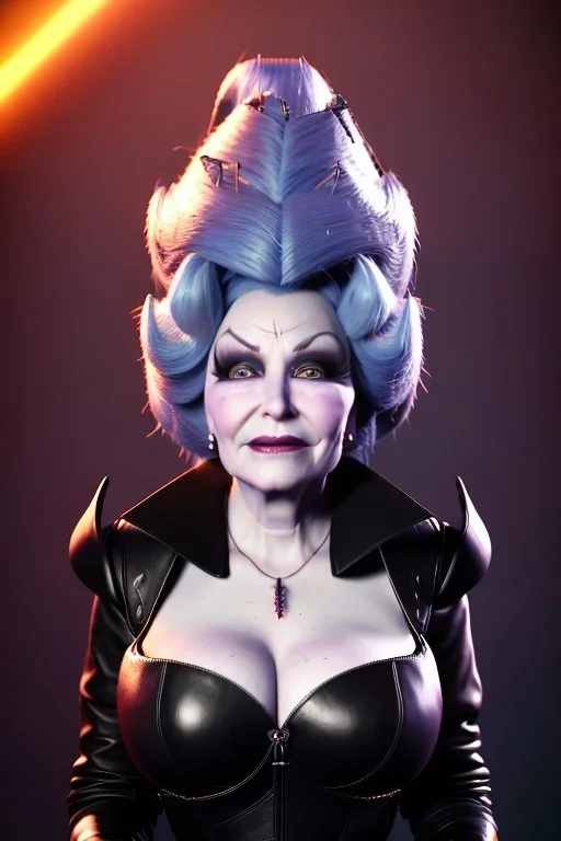 Mae West as evil queen in black leather, leather, busty, cleavage, angry, stern look. character design by cory loftis, fenghua zhong, ryohei hase, ismail inceoglu and ruan jia. unreal engine 5, artistic lighting, highly detailed, photorealistic, fantasy