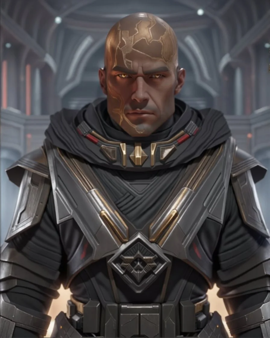 star wars bald male corellian jedi wearing gunmetal grey and black old republic armored flightsuit with gold and metallic red trim inside the jedi temple, centered head and shoulders portrait, hyperdetailed, dynamic lighting, hyperdetailed background, 8k resolution, volumetric lighting, light skin, fully symmetric details