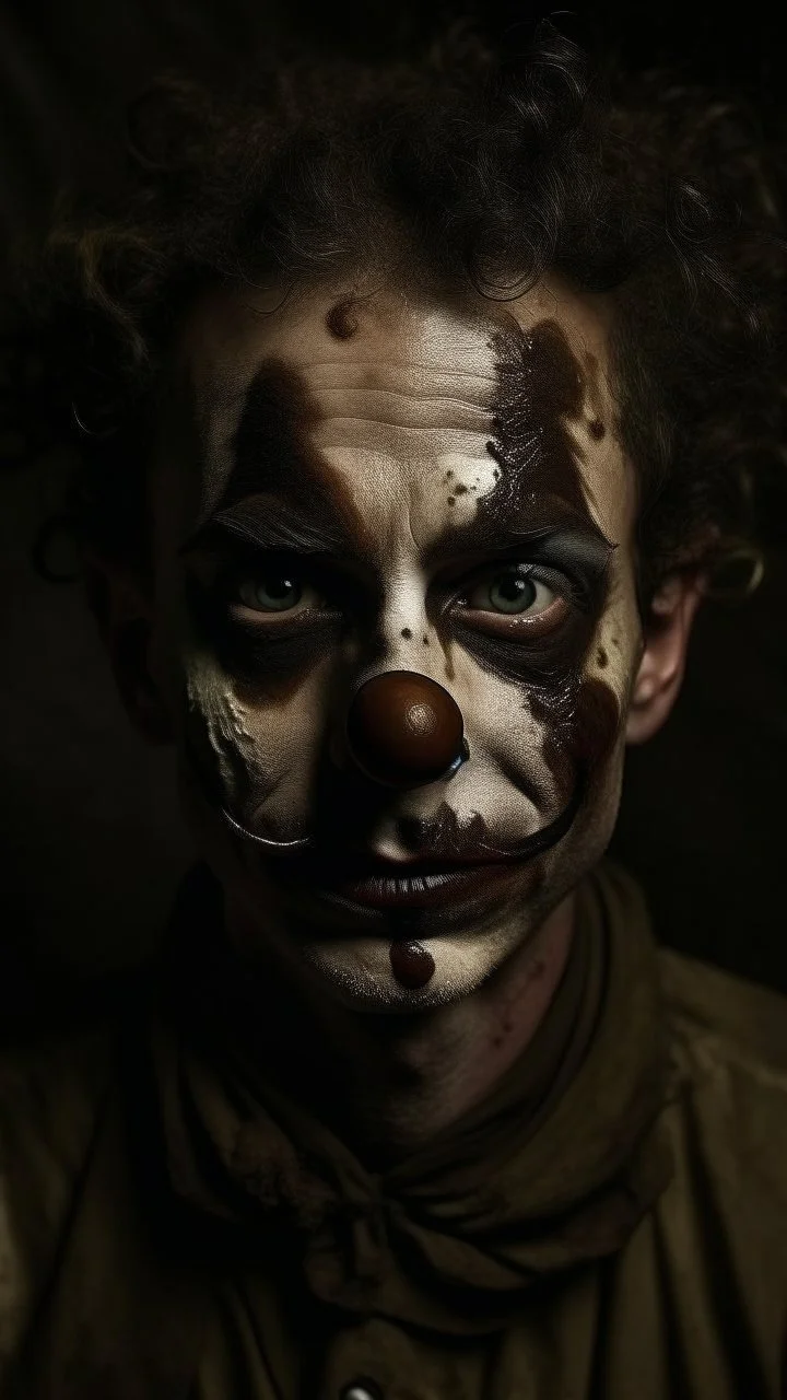 Texture made of hard thick coffee powder and dirt of a clown has bad painting of dark brown color on his face