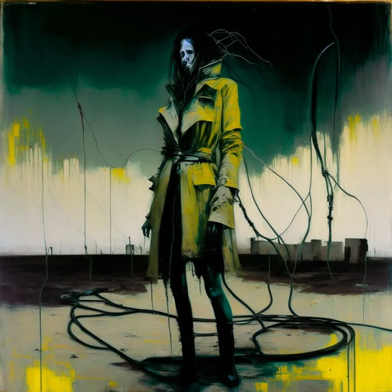 Dystopian future women twisted body with retro monitor head and handing wires. Wearing a trench coat. In desolate landscape at night. With a concrete decaying block. Abstract oil painting in style of Justin Mortimer