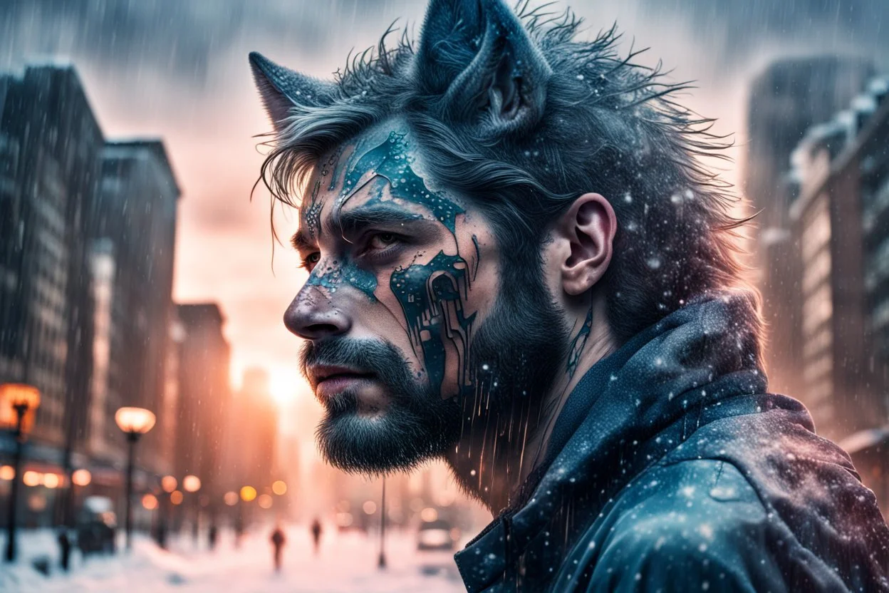 double exposure, Wolf Man, man, city, sunset, snow, rain, fantasy, mystical, tattoo, vertical pupils, high detail, high resolution, 8K