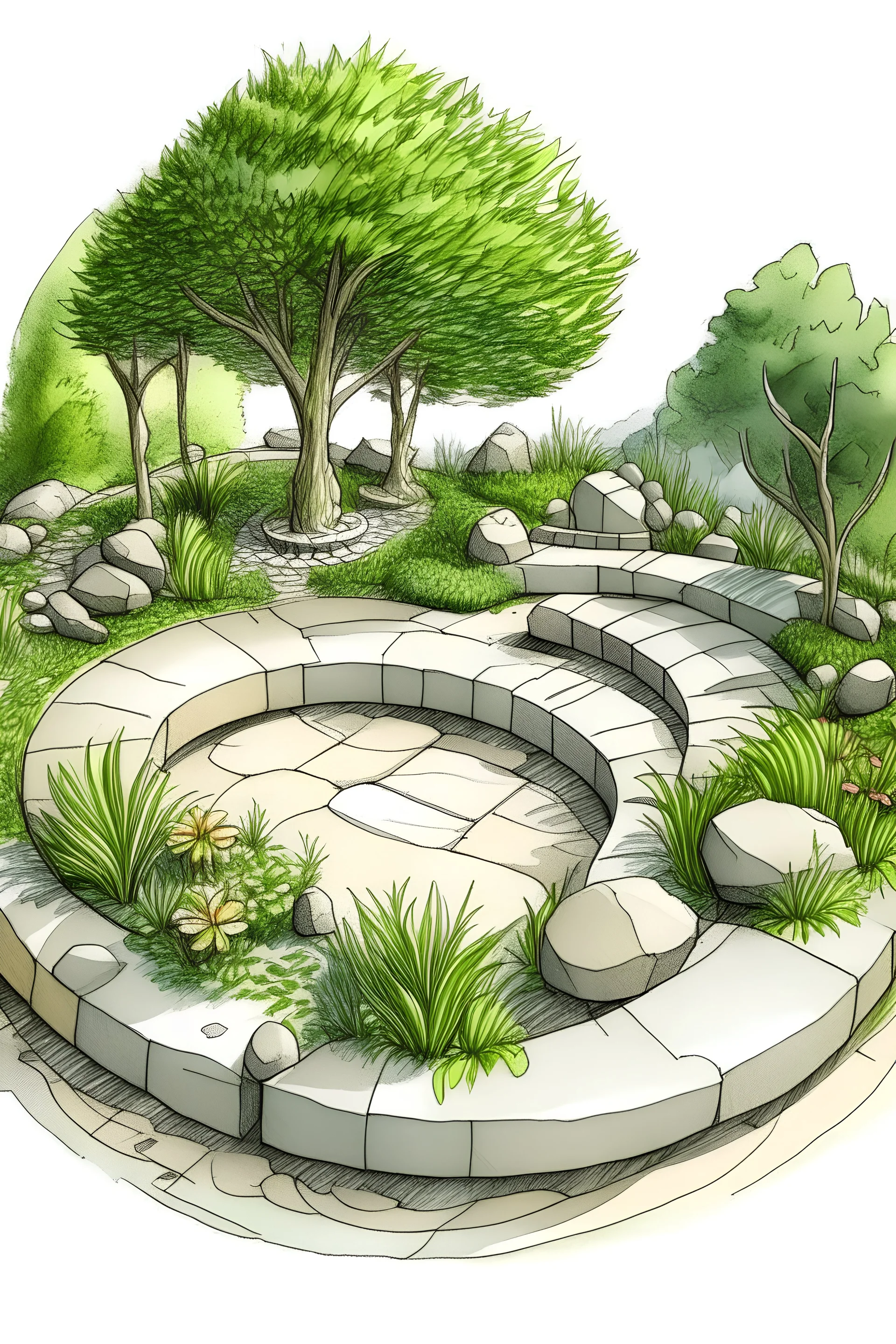 Create an artistic handrawn sketch of Circular seating areas made from natural stone, surrounded by lush landscaping and designed for meditation and relaxation.