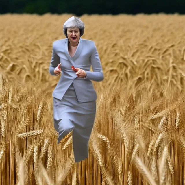 theresa may dressed as a robot, running through fields of wheat, sunshine, daytime