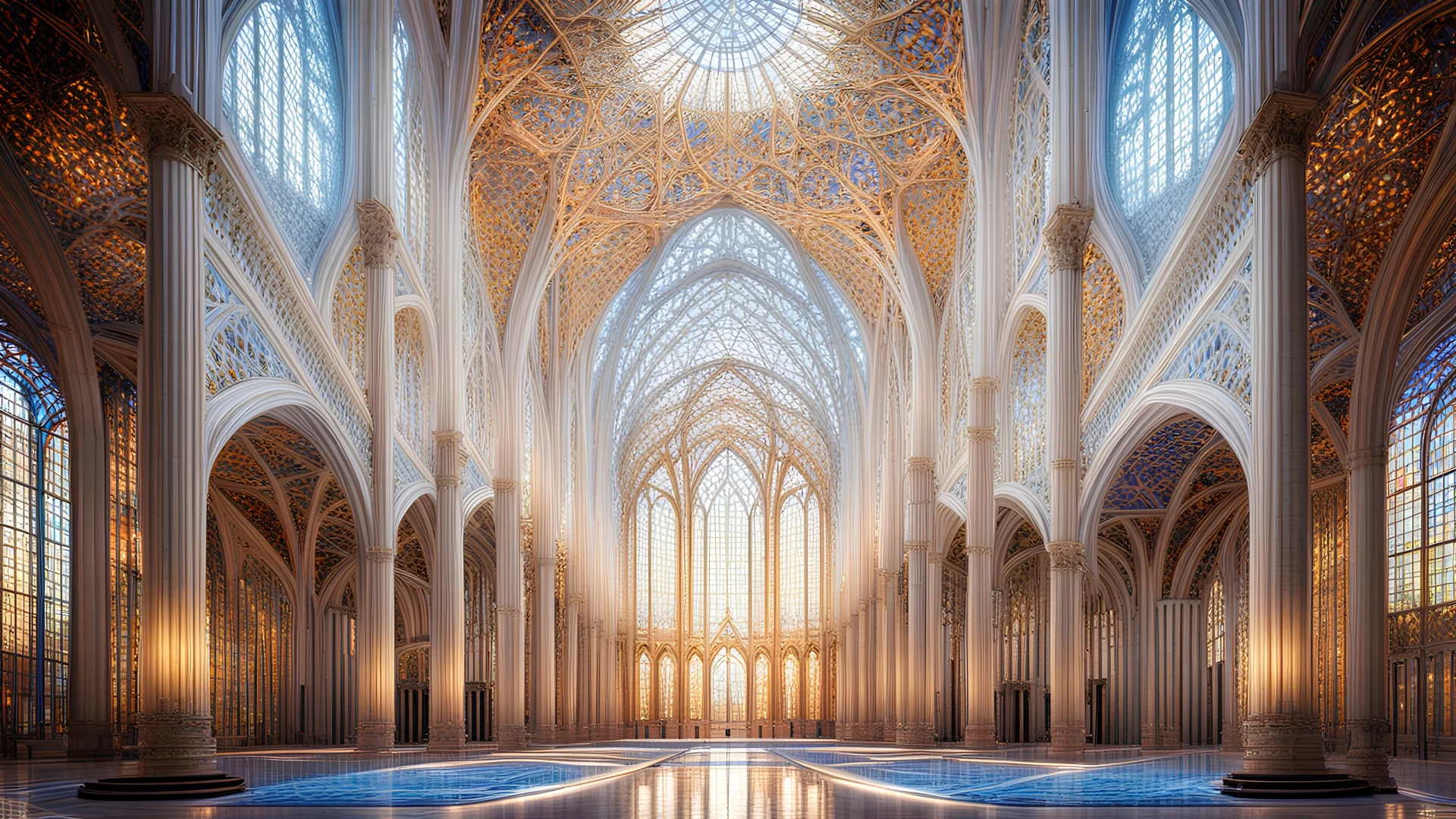 futuristic fantastic symmetrical cathedral interior view, year 2160, night, beautiful, colorful, totally symmetrical design, style Shigeru Ban, innovative architecture, award-winning photograph, awesome, serene, inspiring, spiritual, impressive, cinematic lighting, epic composition, photorealism, very high detail, Unreal Engine, Octane render, HDR