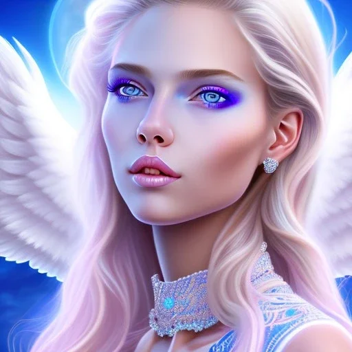 portrait of a beautiful woman with an angel face smiling,long blond hair, blue eyes, pink and blue dress, jewels, soft light aura