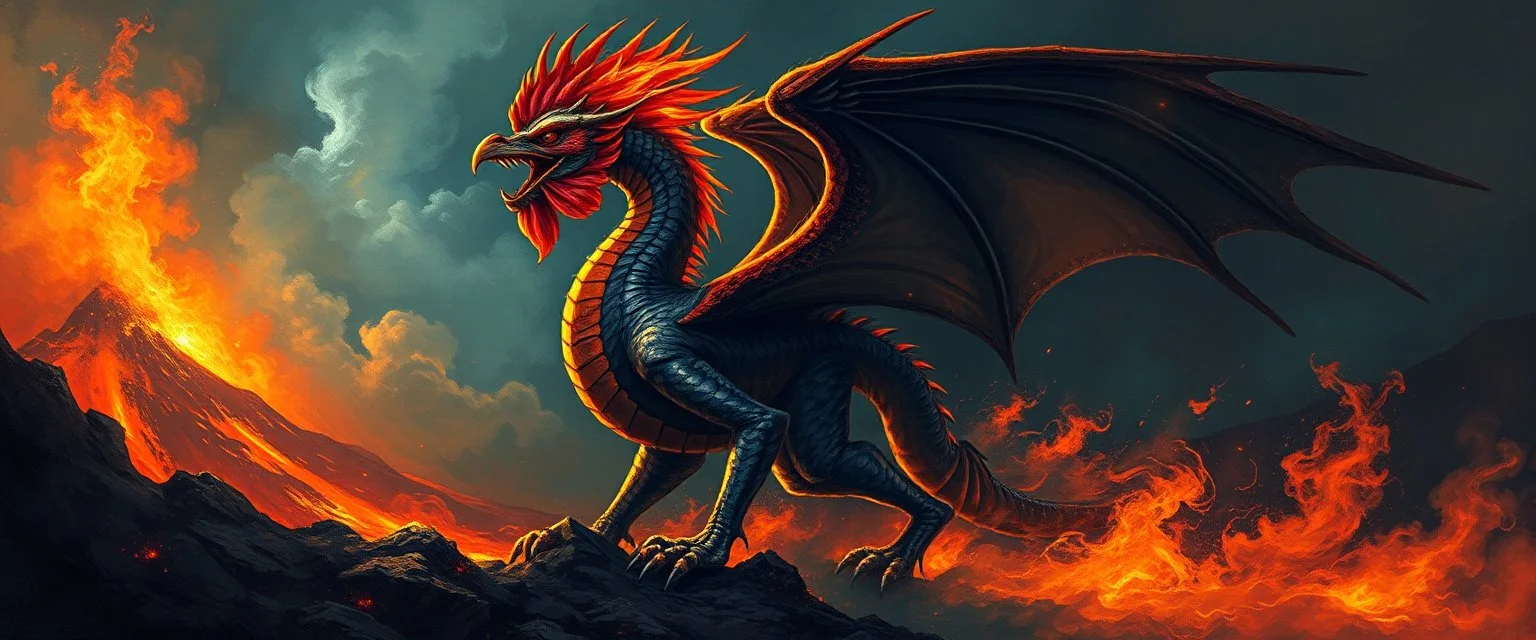 Neubraxas older than God fire and darkness volcano Haiti dragon with rooster head and serpent legs as a vision of the beginning of awakening within a dream of paint color and time