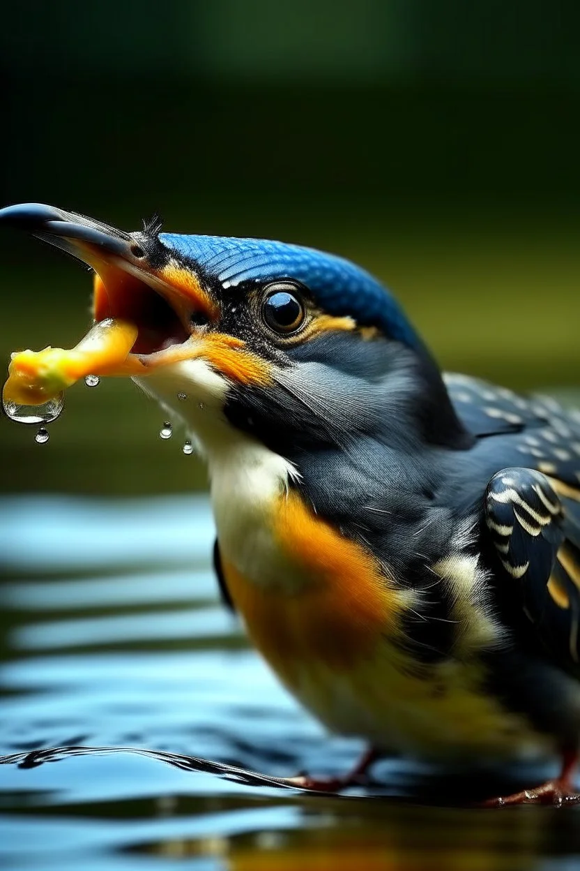 Generate an image of bird who is in water having fish in his mouth with real views