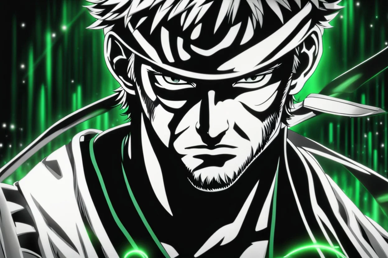 Zoro in 8k 2D anime realistic drawing style, one piece them, close picture, fantasy, neon, highly detailed, high details, detailed portrait, masterpiece,ultra detailed, ultra quality