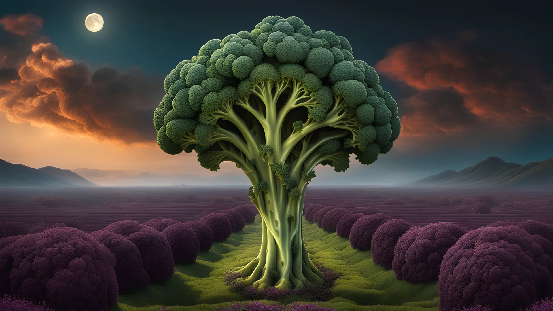 A concept art broccoli moon that looks like a happy origin head fractal broccoli above a lgothic lush andscape, chiaro scuro, intricate background musk HDR, 8k, epic colors, Baroque fantasy surrealism, in the style of Johannes Vermeer, masterpiece, hyperrealism, extreme details