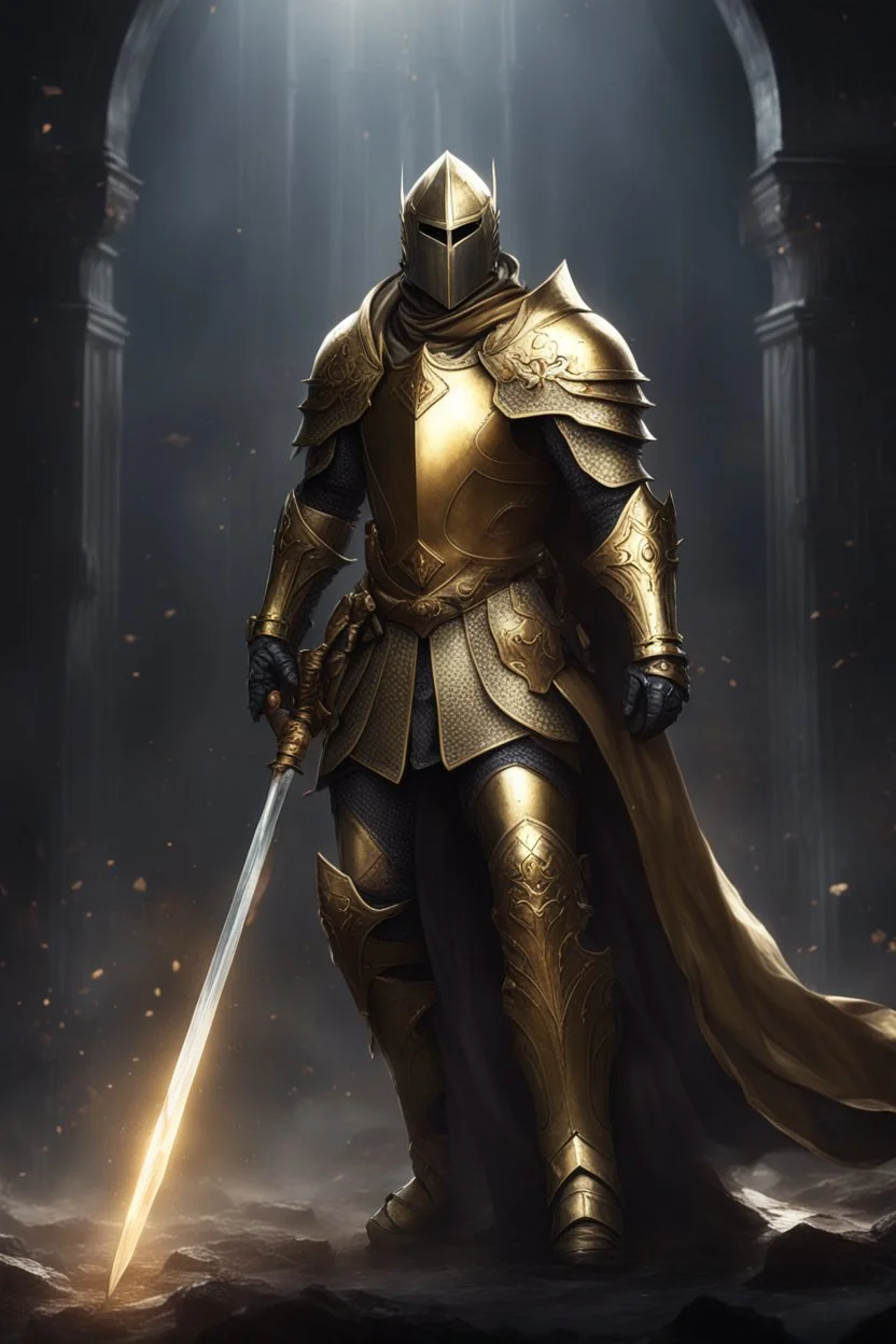 photorealistic holy knight paladin in darkly gold armor and a cape wielding a greatsword in abyss